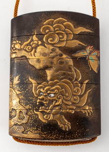 Kajikawa Signed Gilt Lacquer Inro with Foo Lion: Kajikawa Signed Gilt Lacquer Five Case Inro with Foo Lion and Butterflies with Silver Ojime, Edo Period, embellished with mixed metal and abalone inlay, signed with seal to underside. Case: 3.25" H x