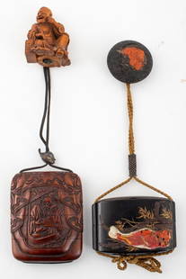Japanese Inro with Silver Ojime, 2: Two Japanese Inro with Silver Ojime, Edo Period, one wooden four compartment case carved with scholar figure with silver fish form ojime and carved wood netsuke, and one gilt lacquer two compartment i