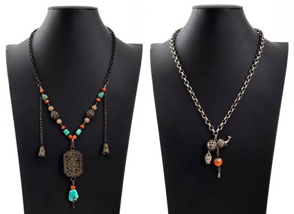 Chinese Silver Pendant Necklaces, 2: Two Chinese Silver Pendant Necklaces, one with a pierced double gourd charm and agate stone and marked to clasp, one with a locket, coral, and turquoise beads. Larger: 22.5" L x 4.25" W; weight: 103.5