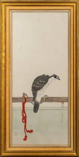 Japanese Ink And Colors Falcon: Japanese, likely 18th / 19th century, with hand-painting in gouache, stamped with red seal, giltwood frame. Image: 46.50" H x 20" W; frame 55" H x 28" W. Keywords: Japanese, Woodblock, Prints, Multipl