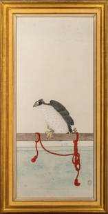 Japanese Ink And Colors Falcon: Japanese, likely 18th / 19th century, with hand-painting in gouache, stamped with red seal, giltwood frame. Image: 46.50" H x 20" W; frame 55" H x 28" W. Keywords: Japanese, Woodblock, Prints,