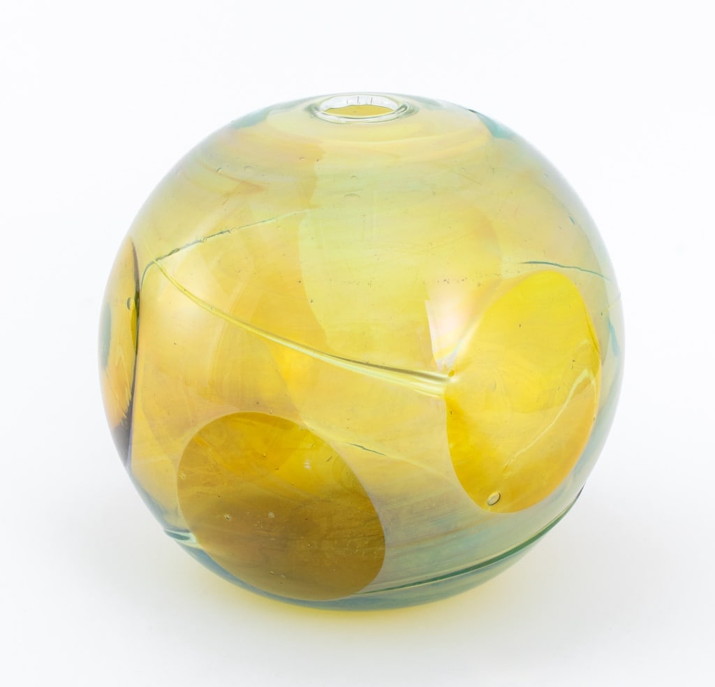 Peter Bramhall "First" Opalescent Art Glass Vase: Paedra (formerly Peter) Bramhall (American, b. 1942), "First", Opalescent Studio Art Glass Vase, 1979, with yellow glass accents, signed "Bramhall", dated "9/2/1979", and titled to underside. 9" H x 8