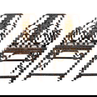 Chinese Black Lacquer & Gilt Armchairs, 20th C.: Pair of Chinese Black Lacquer & Gilt Armchairs, 20th century, with openwork backs and landscape scenes. 40" H x 20" W x 18" D; seat: 18" H.Keywords: Asian Modern, Chinoiserie, Red Lacquer, Lacquered,
