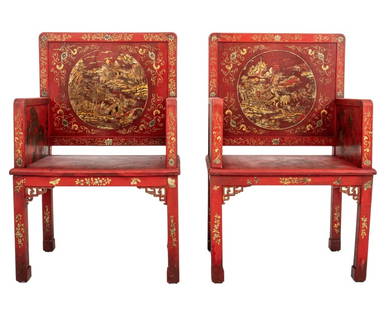 Chinese Red and Gilt Lacquer Armchairs, 20th C.: Pair of Chinese Red and Gilt Lacquered Armchairs, 20th century, with landscape scenes. 38" H x 24" W x 18" D; seat: 17" H.Keywords: Chinoiserie, Asian Modern, Japanned, Red Lacquer, Lacquered, Parcel