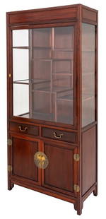 Chinese Hongmu Etagere Display Cabinet: Chinese Hongmu Etagere Display Cabinet, in the Ming taste with fretwork staggered shelves above a two door cabinet opening to reveal shelves, with engraved brass mounts and hinges. 78" H x 36" W x 16"