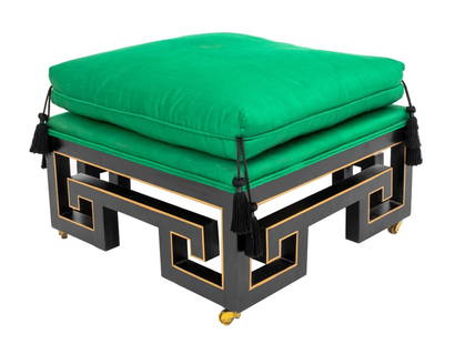 James Mont Style Chinoiserie Gilt Ebonized Stool: James Mont (American, 1904-1978) Style Jade Green Silk Upholstered Chinoiserie Parcel Gilt and Ebonized Stool on casters. 15" H x 22" W x 21.5" D.Keywords: Furniture, Fretwork, Lacquered, Parcel Gilde