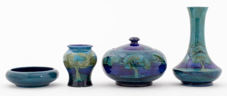 Moorcroft "Moonlit Blue" Vases, Jar, Cendrier, 4: Moorcroft "Moonlit Blue" Two Pottery Vases, a Jar and Cendrier, by William Moorcroft for Moorcroft, circa 1920, each signed "Moorcroft" and stamped "Made in England". Long neck vase: 1.5" H x 4.5" Dia