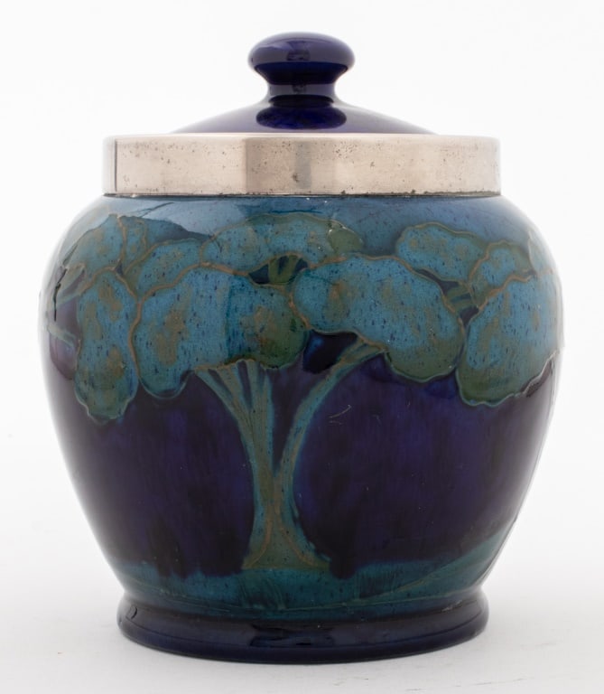 Moorcroft "Moonlit Blue" Pottery Ginger Jar: Moorcroft "Moonlit Blue" Pottery Ginger Jar, by William Moorcroft for Moorcroft, circa 1920, with a silver plate rim marked "English Made", the jar marked to base "Moorcroft, Made in England 22". 5.5"