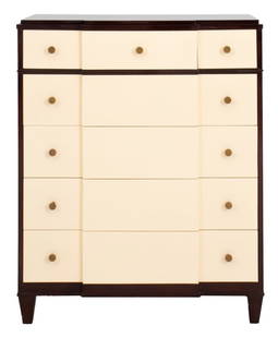 Councill Art Deco Style Chest of Drawers: Councill Art Deco Style Breakfront Chest of Drawers, in cream lacquer and mahogany, 21st Century, marked. 48" H x 38" W x 18" D.Keywords: Art Deco, Art Modern, Hollywood Regency, Palm Beach Modern, Mo
