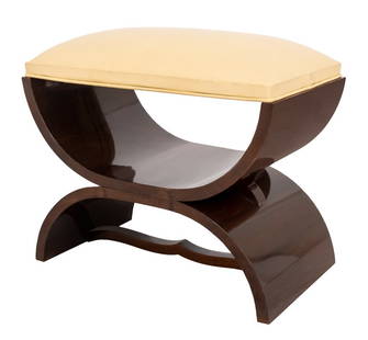 Art Deco Macassar Ebony Curule Bench: Art Deco Macassar Ebony Curule Bench, circa 1930s, with rectangular cream leather upholstered seat above two curule molded and veneered supports. 18" H x 20.5" W x 12" D. Keywords: Furniture, Seating,