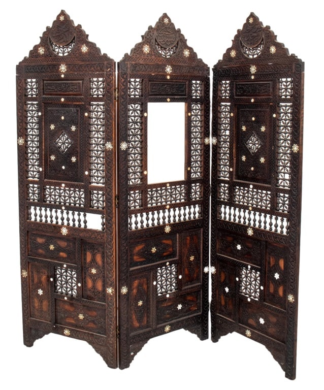 Indian Mother of Pearl-Inlaid Three Panel Screen: Indian Mother-of-Pearl-Inlaid Three Panel Screen, each with scrolling cornice, and fretwork mounted panels, the frames with bone inlay. Each panel: 71" H x 23" W. Keywords: Furniture, Room divider, In