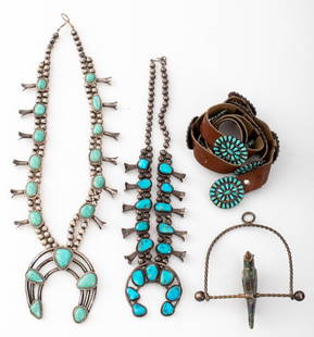 Group of Native American Turquoise Accessories, 4: Group Lot of Four Native American silver and silver plated and turquoise accessories, comprising: two squash blossom necklaces, perched parrot with inlaid malachite and lapis lazuli, leather belt with