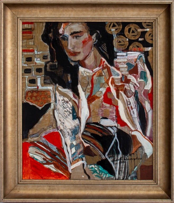 Amarillis Kroon Abstract Acrylic on Canvas: Amarillis de Lendvay-Kroon (Hungarian/American, XX-XXI) abstract figurative acrylic painting on canvas depicting the portrait of a woman with brown hair, signed lower right, circa 1979, housed in a si