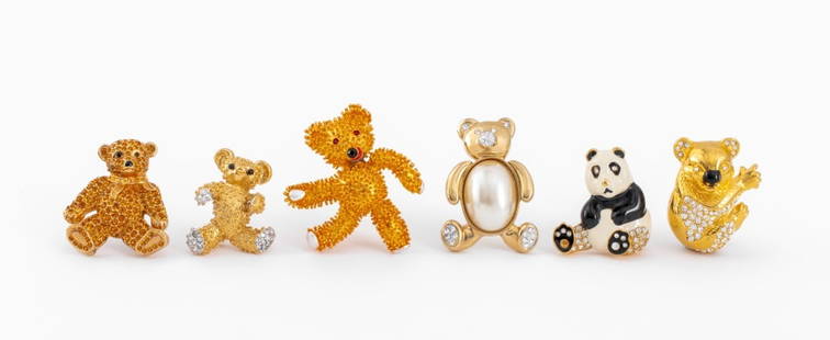 Gilt Metal Costume Bear Brooches, 6: Six Gilt Metal Costume Jewelry Bear Brooches, comprising: Camrose and Krose "Teddy Bear" with pearl and enamel, marked "JBK", an enamel panda bear with clear rhinestones, marked "P.E.P", Kenneth Jay L