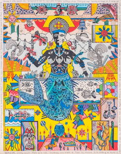 Elio Silvio Vilva Trugillo "Yemaya" Ink on Paper: Elio Silvio Vilva Trugillo (Cuban, b. 1957), "Yemaya", ink on paper drawing, depicting a colorful mermaid figure with polychrome animals, objects, and symbols bound in text reading: "YEMAYA. Orisha ma