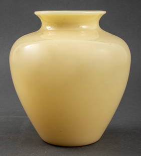 Carder Steuben Alabaster Glass Vase: Frederick Carder (English, 1863-1963) for Steuben alabaster glass vase, shape number 2683. 8.5" H x 8" diameter. Keywords: Vintage, Designer, British, Art glass, Vessels