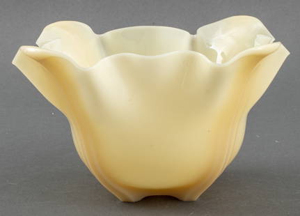 Carder Steuben Alabaster Glass Bowl: Frederick Carder (English, 1863-1963) for Steuben alabaster glass "Grotesque" bowl, shape number 7534, with four ribs and handkerchief edges. 5.5" H x 10" diameter. Keywords: Vintage, Designer, Britis