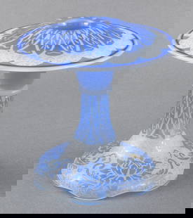 Carder Steuben Etched Glass Candlestick: Frederick Carder (English, 1863-1963) for Steuben etched glass candlestick holder, shape # 3581, and etched in the "Chinese" pattern in Flemish blue and white. 6" H x 5.75" diameter. Keywords: Vintage