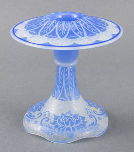 Carder Steuben Etched Glass Candlestick: Frederick Carder (English, 1863-1963) for Steuben etched glass candlestick holder, shape # 3581, and etched in the "Chinese" pattern in Flemish blue and white. 6" H x 5.75" diameter. Keywords: Vintage