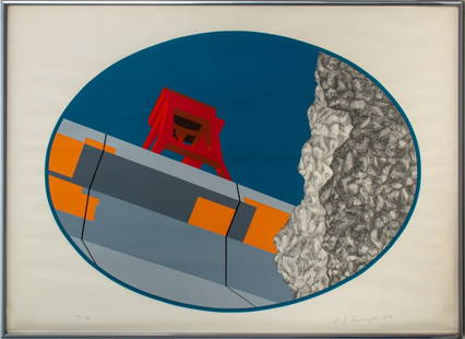 Allan D'Arcangelo 'View from ...' Artist's Proof: Allan D'Arcangelo (American, 1930-1998) 'View from Below the Red Bridge' lithograph and silkscreen on paper, 1976, depicting an ovoid city landscape scene, signed and dated in pencil lower right and n