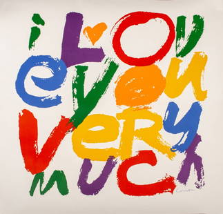 Sister Mary Corita Kent "Much" Print, 1971: Sister Mary Corita Kent (American, 1918-1986), "Much", poster print in colors, 1971, depicting a Pop Art composition with text reading "i lov / e you / very / much", signed in plate lower right. 22.5"