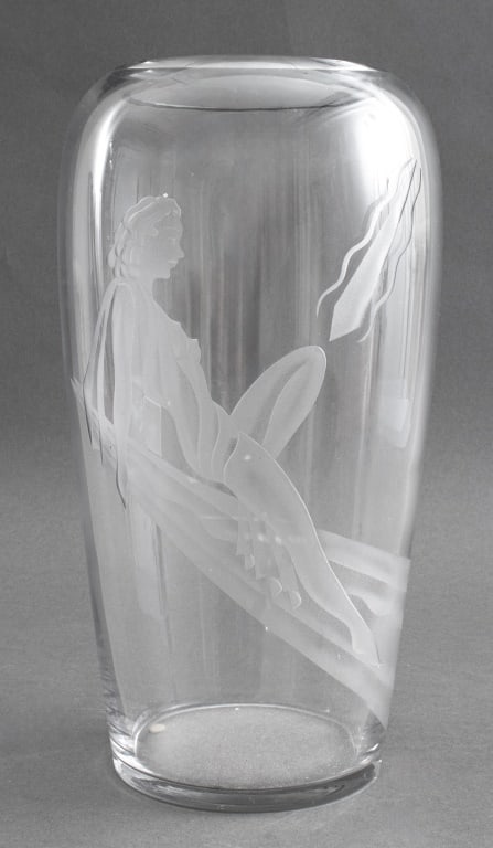 American Art Deco Wheel-Engraved Vase, 1930s: American late Art Deco period wheel engraved and acid etched large glass vase, circa 1930s-1940s, depicting a sunbathing maiden scantily clad, apparently unsigned. 13.5" H x 7.5" diameter. Keywords: A
