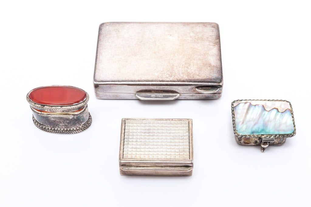 Silver, Carnelian, & Mother-of-Pearl Pill Boxes, 4: Silver, carnelian, and mother-of-pearl pill box lot of 4 assorted pill boxes,1.75" L x 2.312" W x 1.625" W x 0.437" H; 0.875"; 1.187" L x 0.875" W x 0.375" H; 0.875" L x 1.0" W x 0.375" H; 0.625" L x