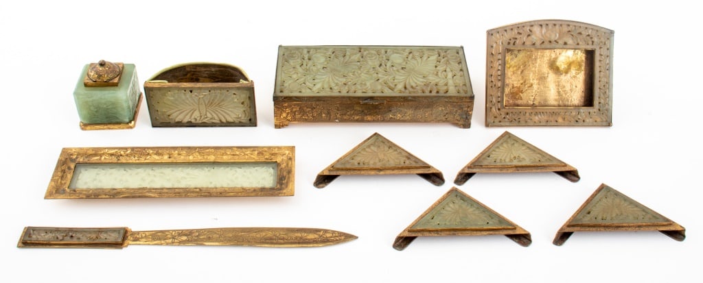 Chinese Greenstone & Gilt Metal Desk Set, 10 Pcs. (1 of 10)