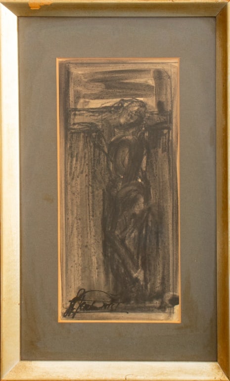 Joachim Probst "Christmas" Watercolor, 1956: Joachim Probst (American, 1913-1980), "Christmas" Watercolor or Ink on Paper, signed and dated lower left "Probst / 1956" and similarly on verso with gallery label. Image: 12" H x 5.5" W; frame: 17" H