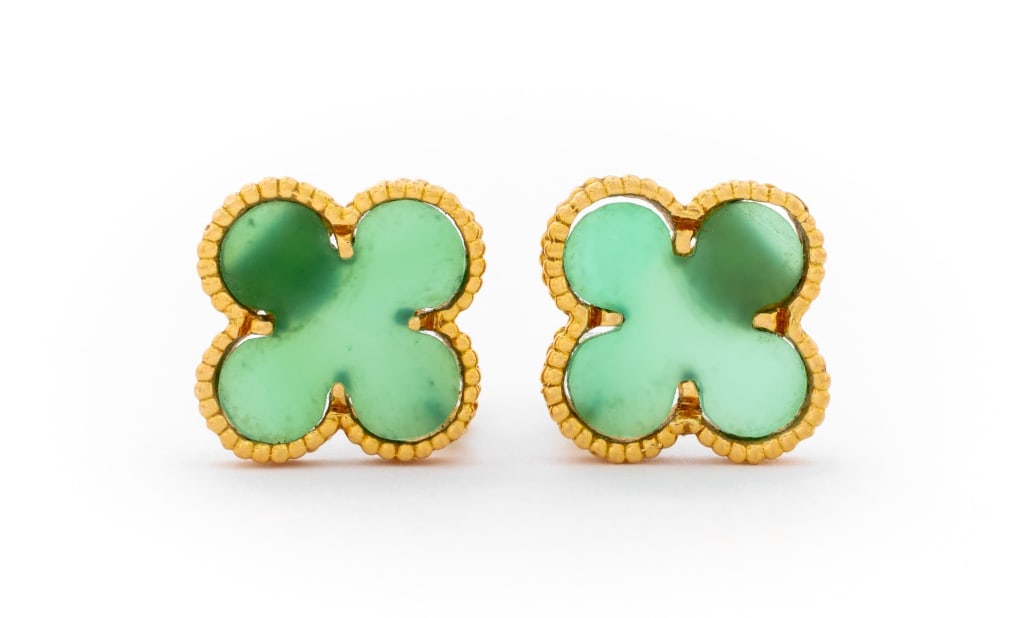 18K Green Chalcedony Alhambra Style Clip Earrings (1 of 4)