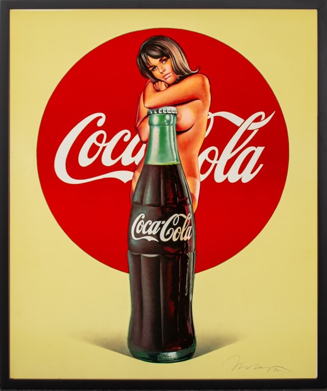 Mel Ramos "Coca Cola/Lola Cola" Collotype, 1972: Mel Ramos (American, 1935-2018), "Coca Cola/Lola Cola", 1972, Collotype Print, signed in pencil lower right, numbered "2413/2500" to verso, in a black-metal frame. Image: 30.75" H x 25.25" W; frame: 2