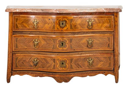 Louis XV Kingwood and Inlaid Serpentine Commode: Louis XV Kingwood and Inlaid Serpentine Commode with a marble top. 30" H x 55" W x 24" D. Provenance: From a Manhattan Collection. 30" H x 55" W x 24" D Keywords: Furniture, Dresser, Chest of drawers,