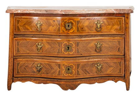 Louis XV Kingwood and Inlaid Serpentine Commode: Louis XV Kingwood and Inlaid Serpentine Commode with a marble top. 30" H x 55" W x 24" D. Provenance: From a Manhattan Collection. Keywords: Furniture, Dresser, Chest of drawers, French, Interior desi