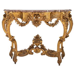 French Louis XV Style Giltwood Console Table: French Louis XV Style Giltwood Console Table, with rouge marble top and carved flower basket to base, early 19th century. Minor losses to decorations. 36.75" H x 48.5" x 19.5. Provenance: From a Fifth