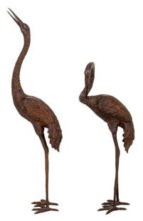 Japanese Meiji Style Bronze Crane Sculptures, 2: Pair of Japanese Large Meiji Style Bronze Sculptures of Cranes. Taller: 49.5" H x 15" W x 8" D. Provenance: Property from a Park Avenue collection. Keywords: Statue, Heron, Bird, Animalier