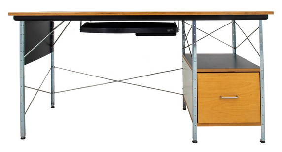 Charles & Ray Eames ESU Desk: Charles and Ray Eames ESU Desk, with file drawer, "Eames Office" label to verso. 29.5" H x 60" W x 28" D. Provenance: From a Fifth Avenue Collection. Keywords: Mid-Century Modern, MCM, Minimalist, Min