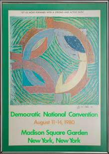 Frank Stella Signed Democratic Convention Poster: Frank Stella (American, b. 1936), Democratic National Convention Poster, 1980, signed in pencil, dated "80", and numbered "12/250". Image: 36" H x 24.50" W; frame: 41" H x 29.25" W. Provenance: From a