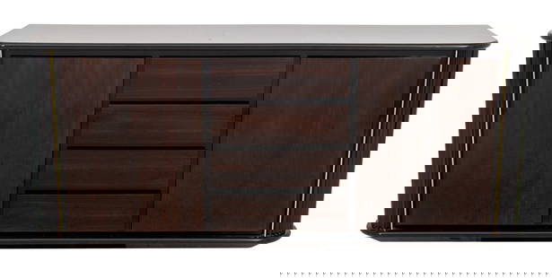 Italian Lacquered Faux Rosewood Credenza, 1980s: Italian Lacquered Faux Rosewood Credenza, with rectangular top with rounded corners, above a conforming corps wit reeded quoins, and centering four short drawers between two cabinet doors opening to r