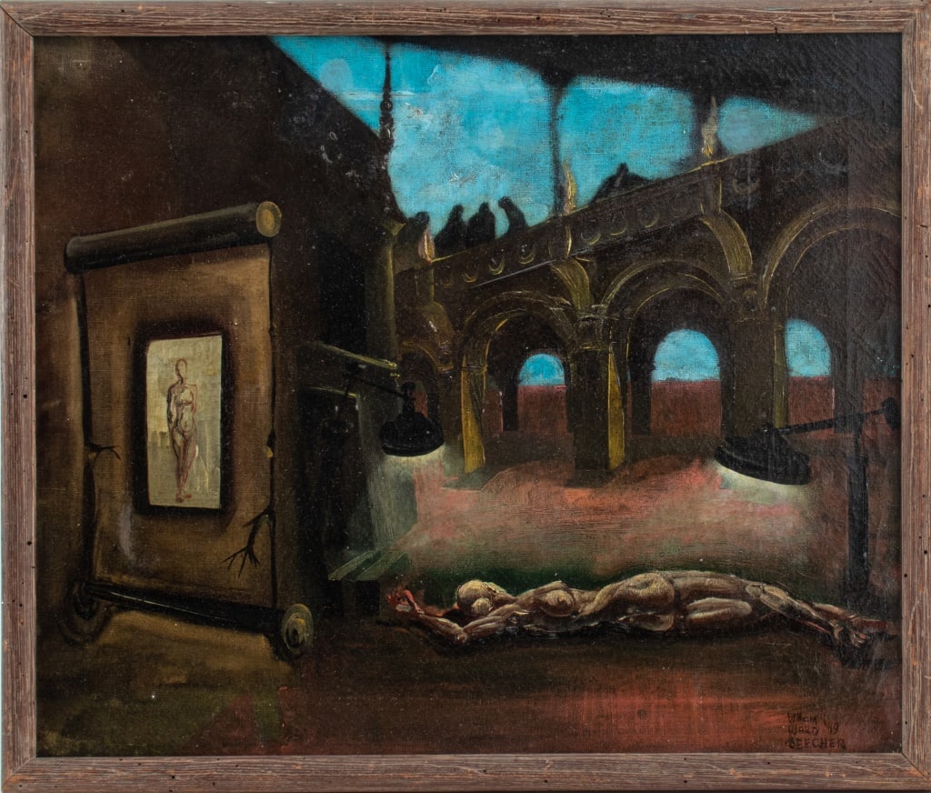 William Ward Beecher Surrealist Oil on Canvas: William Ward Beecher (American, 1921-2006), Surrealist Oil on Canvas, 1949, signed and dated lower right. Image: 19.5" H x 23.5" W; frame: 22.5" H x 25.75" W. Provenance: From a Manhattan Collector. K