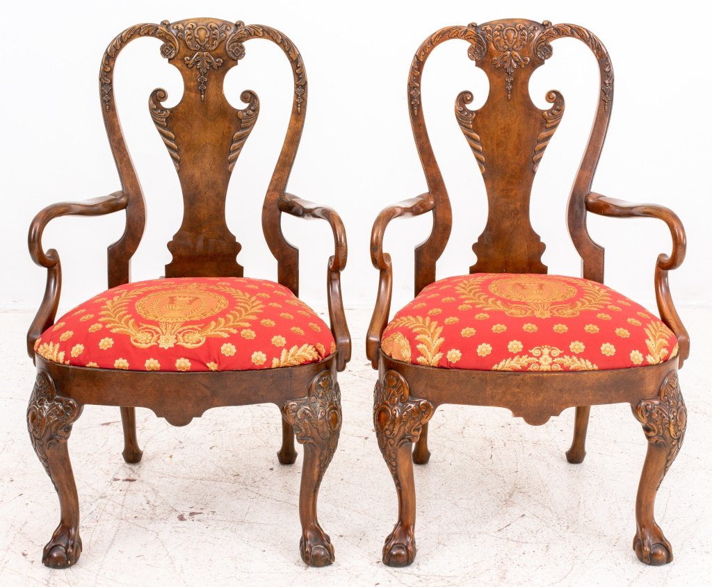 George II Style Walnut Arm Chairs, Pair (1 of 8)