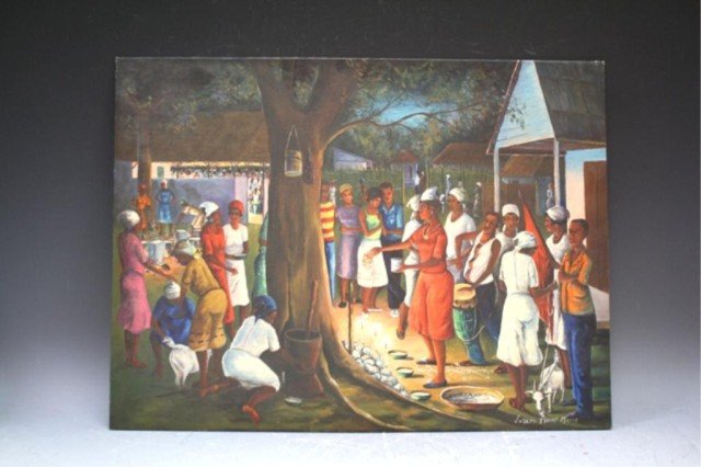 Haitian "Voodoo Candles" Painting by J. T. Moise: Painting depicting figures performing voodoo ritual, by Joseph Thony Moise (Haitian, 1933- ), oil on board; signed. Dimensions: 18"H x 24"W