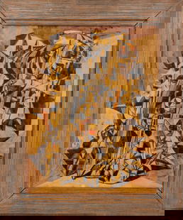 Mirko Basaldella "Untitled" Ink & Tempera on Paper: Mirko Basaldella (Italian, 1910-1969) "Untitled" Ink and Tempera on Paper, abstract cubist shapes, signed lower right, in grey-painted wood frame, image 21.5" H x 17" W, frame: 28" H x 24" W. Keywords