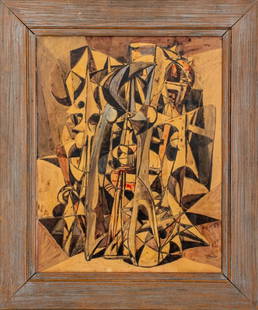 Mirko Basaldella "Untitled" Ink & Tempera on Paper: Mirko Basaldella (Italian, 1910-1969) "Untitled" Ink and Tempera on Paper, abstract cubist shapes, signed lower right, in grey-painted wood frame, image 21.5" H x 17" W, frame: 28" H x 24" W. Keywords