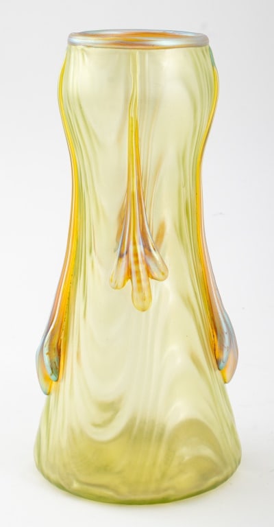 Loetz Coppelia Iridescent Art Glass Vase, ca. 1904: Loetz "Coppelia" Iridescent Art Glass Vase, circa 1904, four applied trefoil prunts on a yellow ground with optic wave pattern, apparently unmarked. 8.75" H x 4.25" Diameter. Keywords: Art Nouveau, Ju