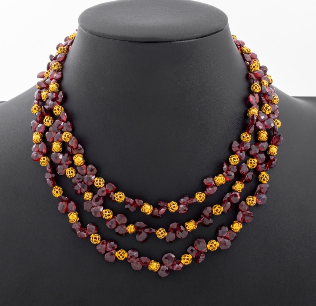 14K Yellow Gold Garnet Triple Strand Necklace (1 of 6)