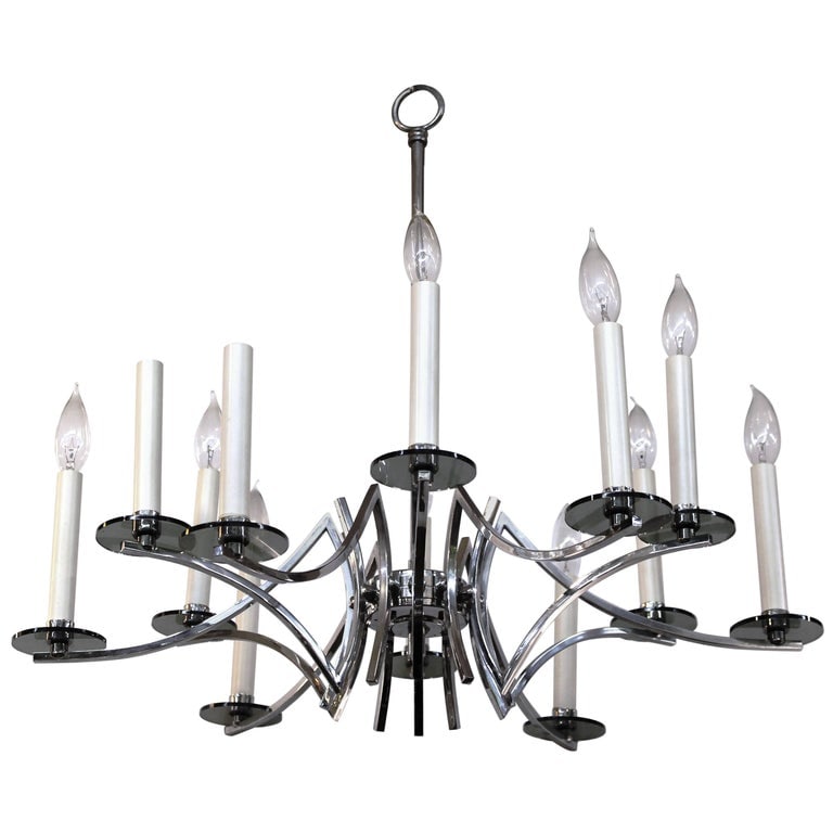Italian Smoky Murano Glass and Chrome Chandelier: Italian Twelve-Arm Chrome Chandelier with Smoky Murano Glass Details, circa 1970s. 24" H x 27" Diameter. Provenance: From a New York City collection. Keywords: Lighting, Pendant lamp, Venetian glass, 