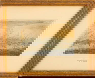 Arthur McEvoy Attr. "Chelsea Bridge" Watercolor: Arthur Ambrose McEvoy (British, 1878-1927) Attributed "Chelsea Bridge", Watercolor on Paper, apparently unsigned, Leicester Galleries and M. Knoedler & Co., labels to verso, in gold frame. Image: 7" H
