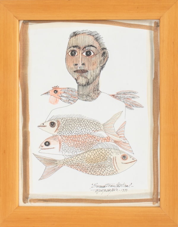 Jose Garcia Montebravo "Escuela Fantastica", 1999: Jose Garcia Montebravo (Cuban, XX-XXI), "Escuela Fantastica", Ink and Watercolor on Paper, 1999, titled, signed, and dated lower right, wood frame. Image: 10.5" H x 8" W; frame: 13" H x 10.5" W. Keywo