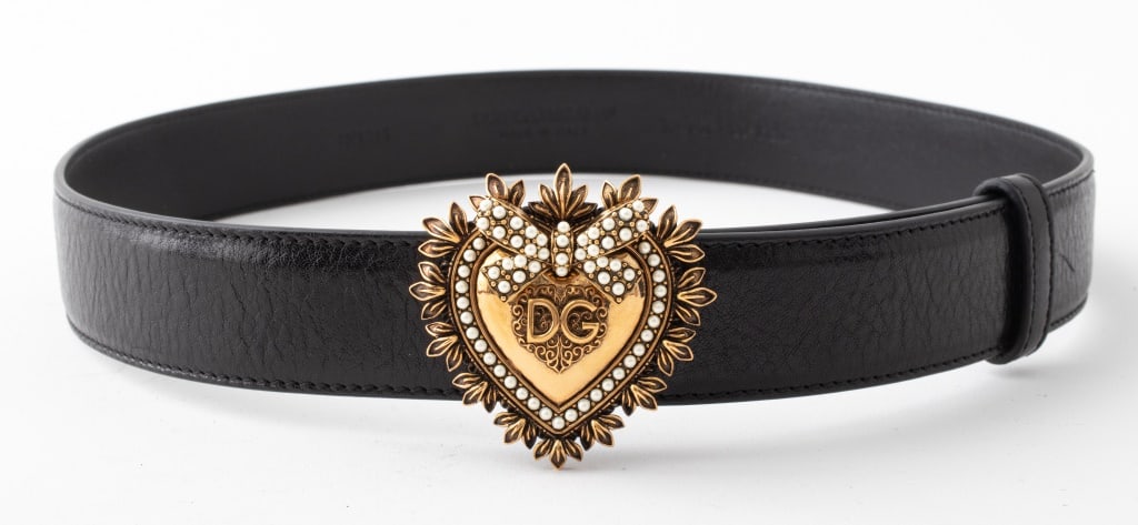 Dolce & Gabbana Heart Motif Buckle Leather Belt: Dolce and Gabbana Belt with gold-tone heart motif buckle mounted with faux seed pearls, the black leather belt marked "DOLCE & GABANNA / MADE IN ITALY / BE1315" to reverse, together with original dust