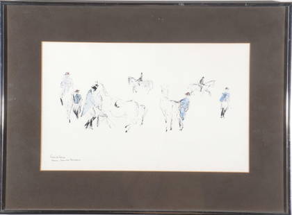 Frederick Franck Spanish Riding School Print: Frederick Franck (Dutch/American, 1909-2006), The Spanish Riding School, offset lithograph, signed in plate lower left. 9.75"H x 15.75" W; frame:16.25" H x 22.25" W. Keywords: Prints, Multiples, Eques